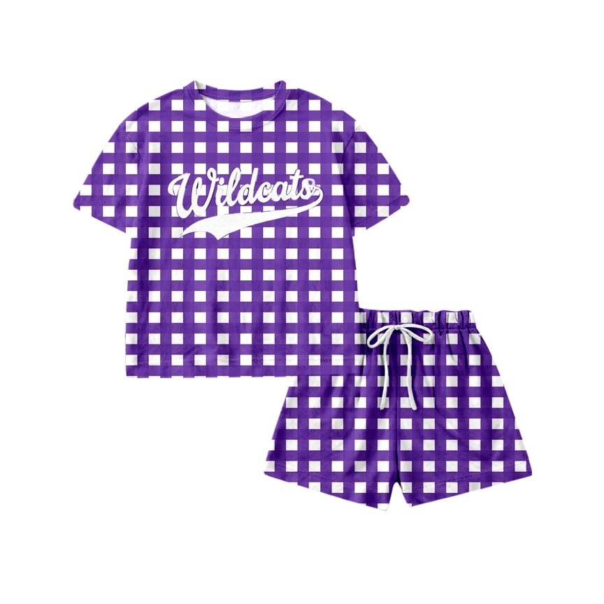 (Custom Design Preorder MOQ 5) Teams Wildcats Purple Plaid Top Pockets Shorts Girls Summer Cheer Clothes Set