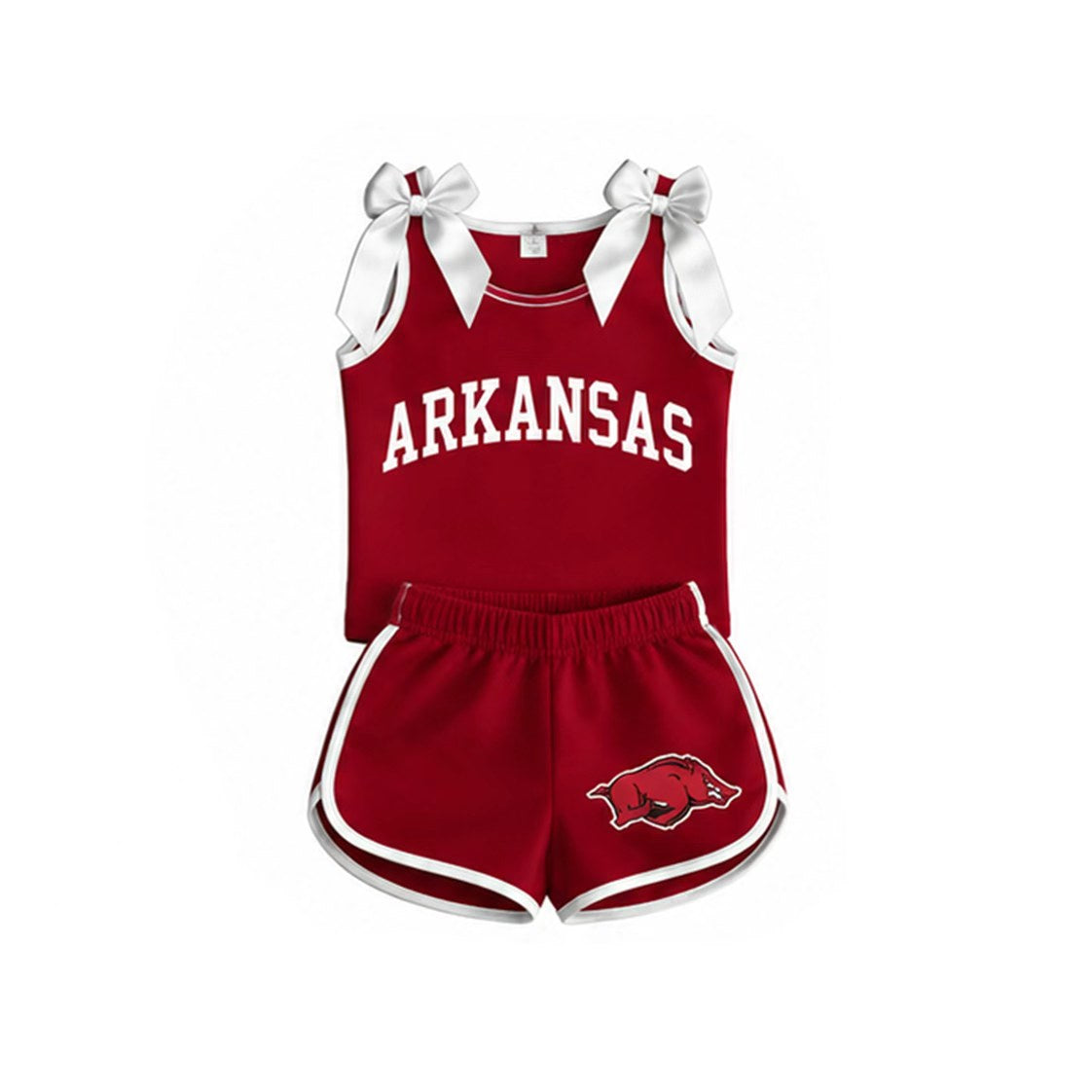 (Custom Design Preorder MOQ 5) Girls Arkansas White Bow Red Strap Tank & Shorts 2 Piece Outfit