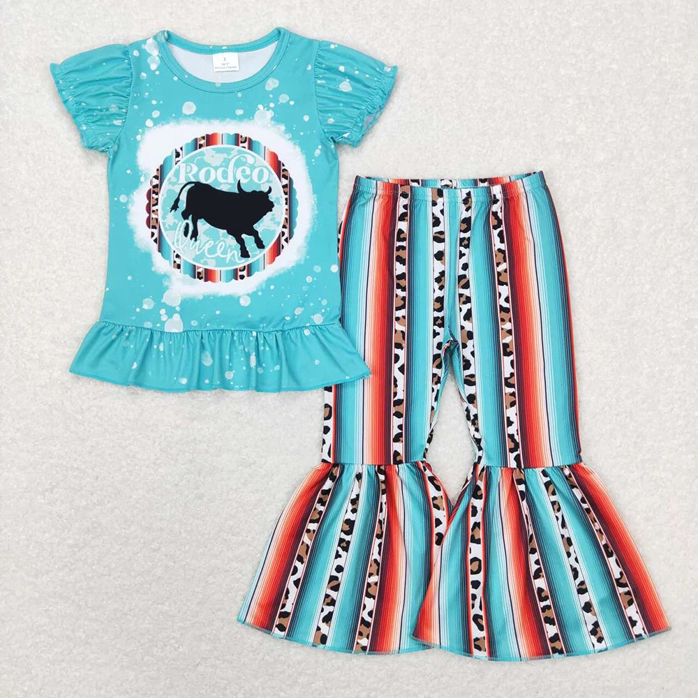 GSPO1051 Baby Girls Western Rodeo Cow Top Bell Bottom Pants Outfit