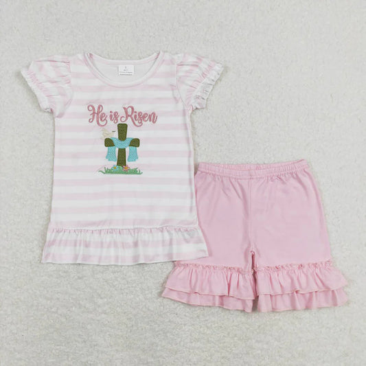 Baby Girls Boys Easter He Is Risen Cotton Embroidery Sibling Outfit Romper