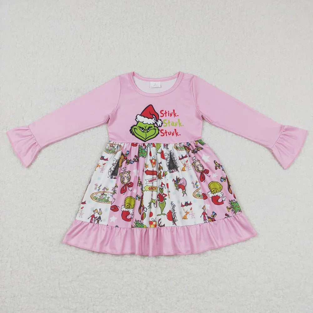 Baby Girls Pink Christmas Frog Ruffle Knee Length Dresses