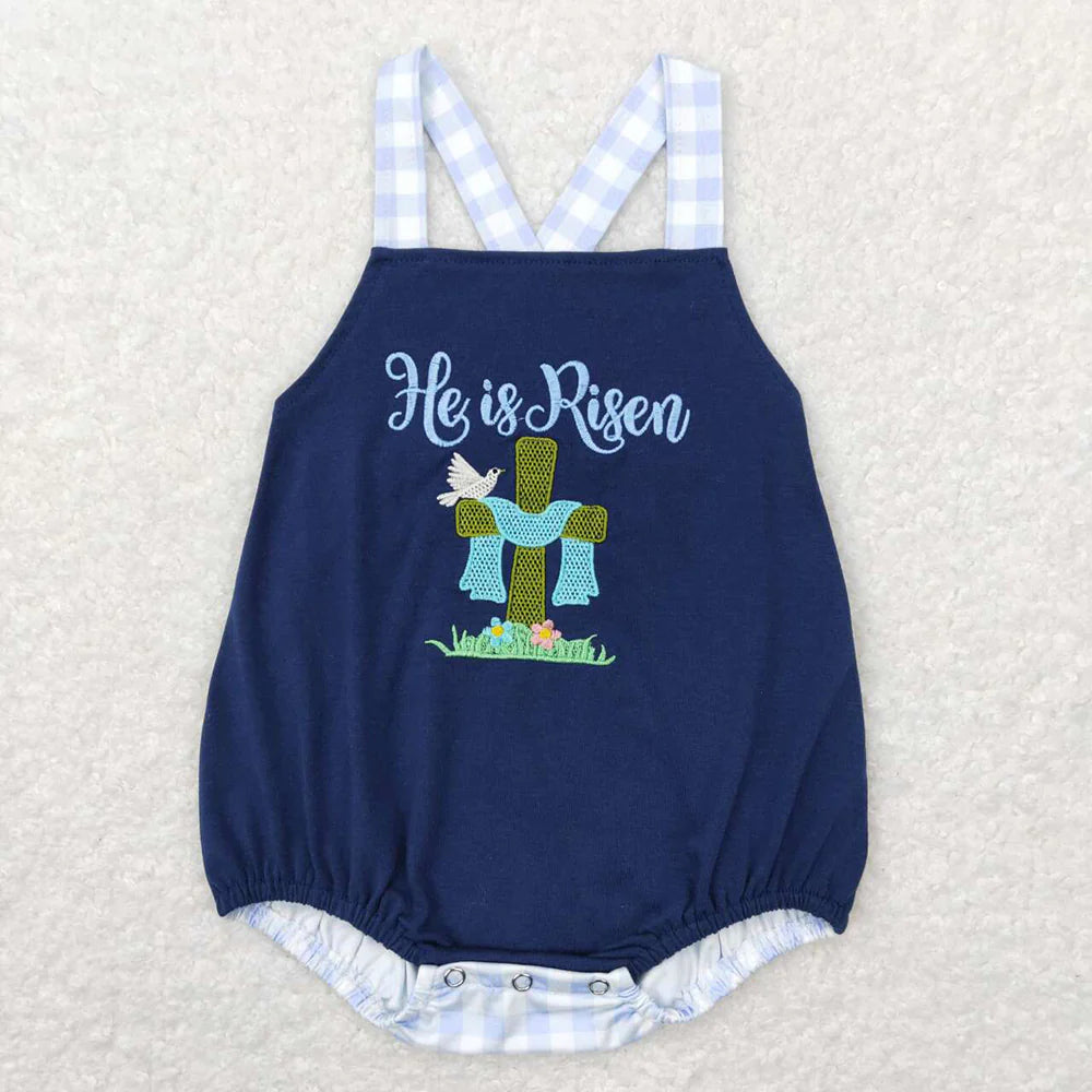 Baby Girls Boys Easter He Is Risen Cotton Embroidery Sibling Outfit Romper