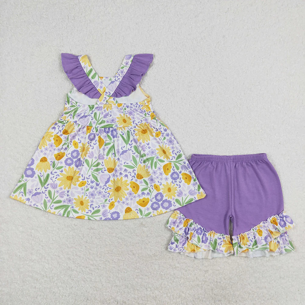 Baby Girls Purple Flowers Tunic Top Ruffle Shorts Outfit