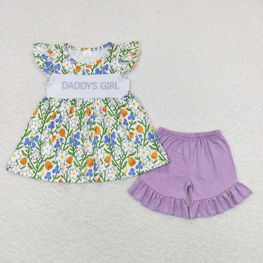Daddy's Girl Embroidery Purple Flowers Baby Girls Clothes Sisters Wear