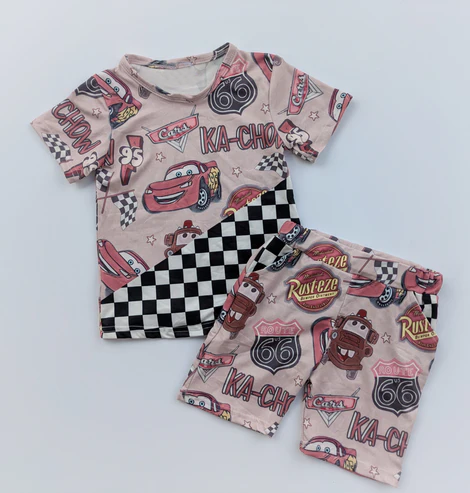 (Custom Design Preorder MOQ 5) Cartoon Car Plaid Shorts Baby Boys Summer Clothes Set
