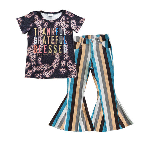 Baby Girls Thankful Top Striped Denim Flare Pants Outfit