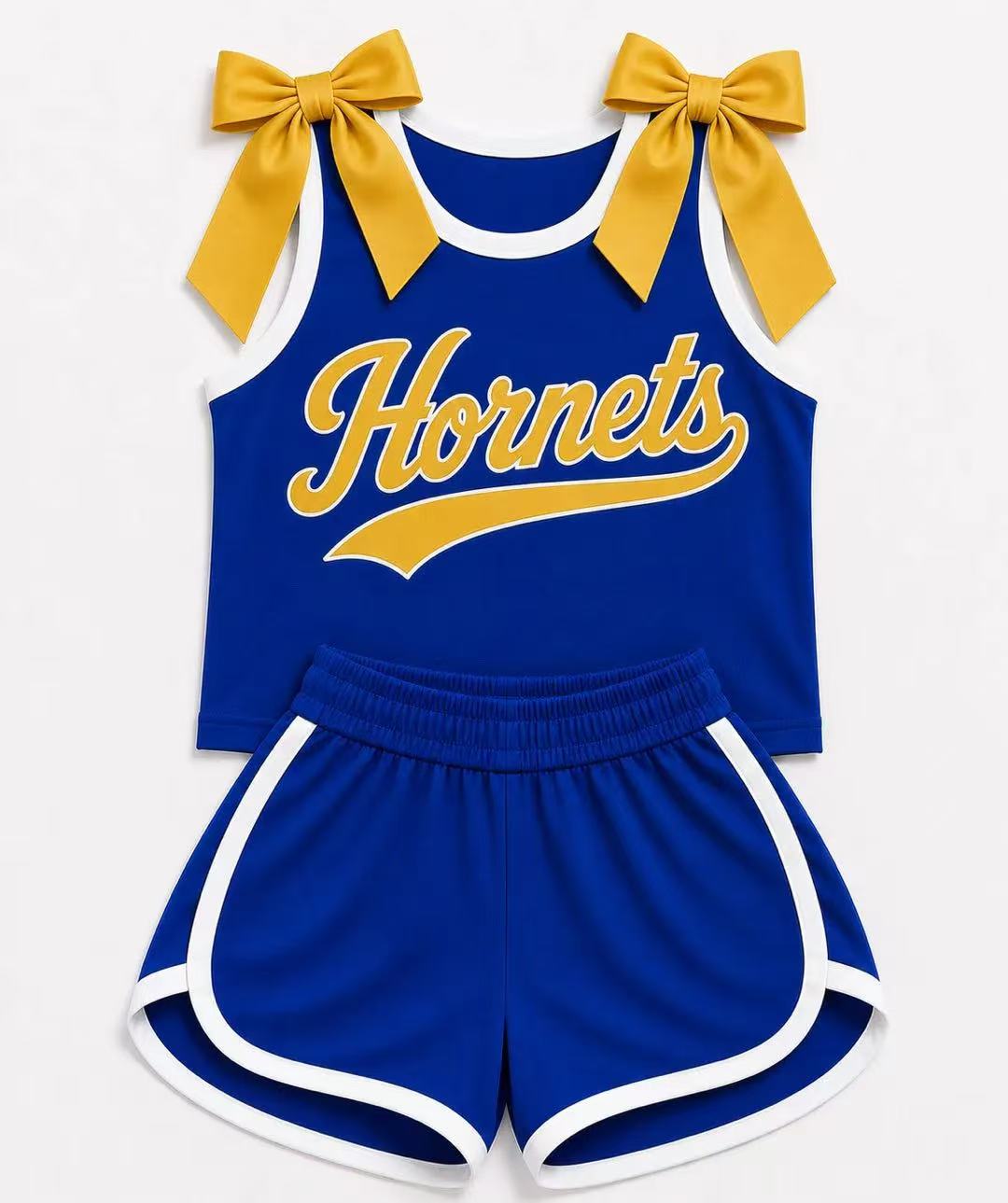 (Custom Design Preorder MOQ 5) Girls Bow Strap Hornets Tank & Shorts Sport Team Outfit