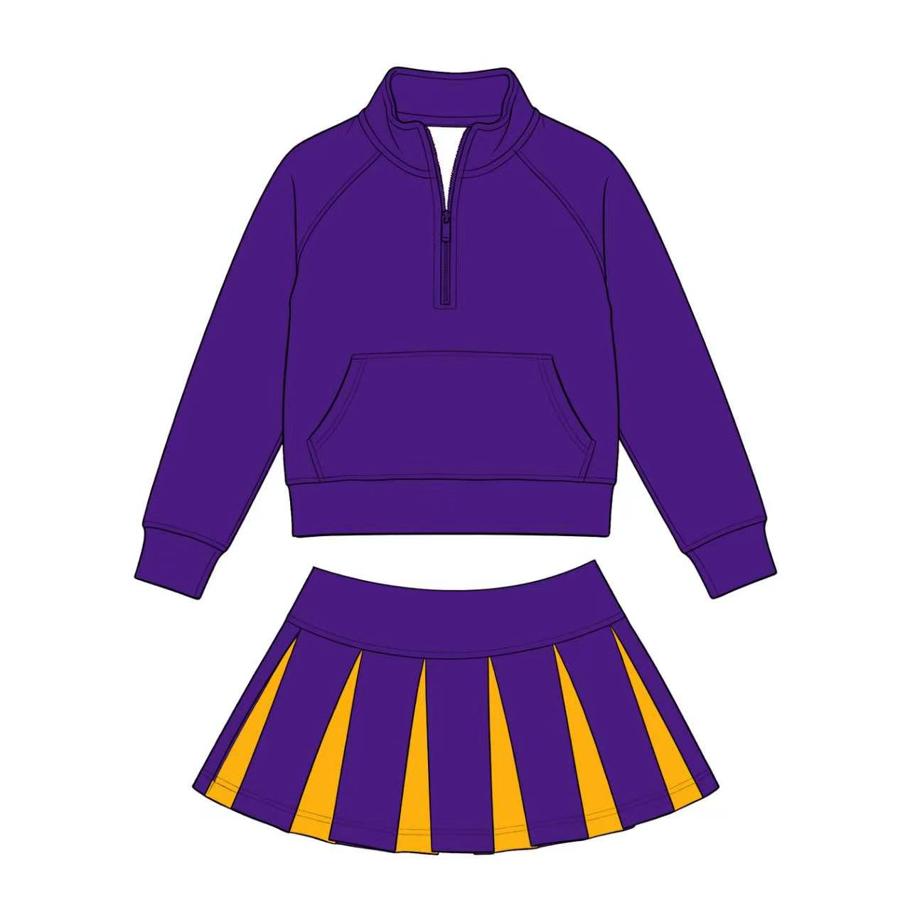 (Custom Design Preorder MOQ 5) Kids Girls Sport Team Purple Long Sleeve Pullover Top with Skort Outfit