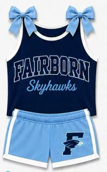 (Custom Design Preorder MOQ 5) Girls Fairborn Bow Strap Tank & Shorts Sport Team Outfit