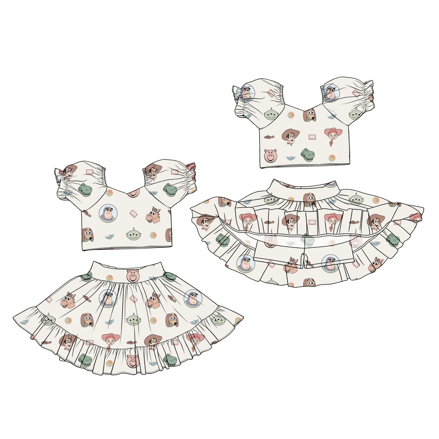 (Custom Design Preorder MOQ 5) Cartoon Toy Crop Top Skirts Shorts Girls Summer Set