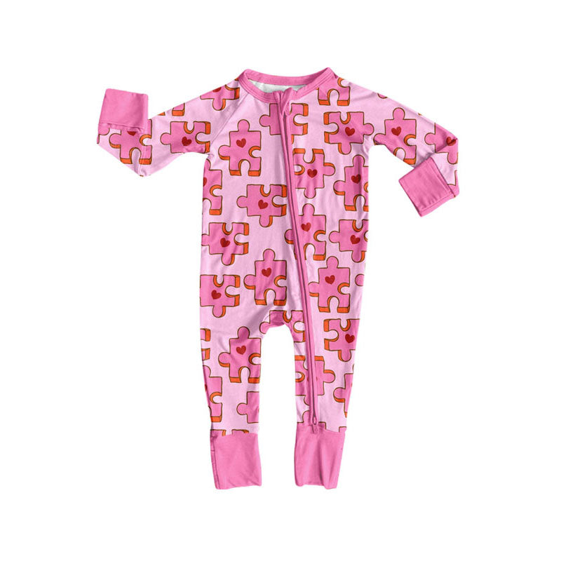 (Custom Design Preorder MOQ 5 ) Pink Puzzle Heart Print Baby Girls Valentine's Day Zipper Sleeper Romper