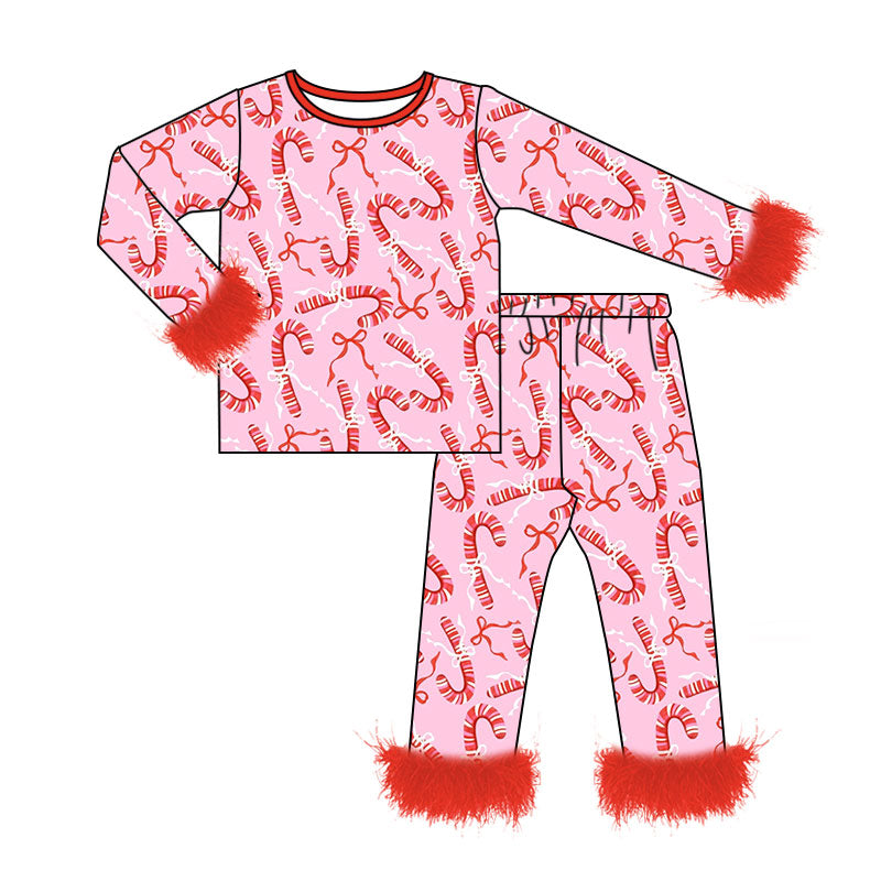 (Custom Design Preorder MOQ 5) Candy Cane Bows Print Girls Christmas Fur Pajamas Clothes Set