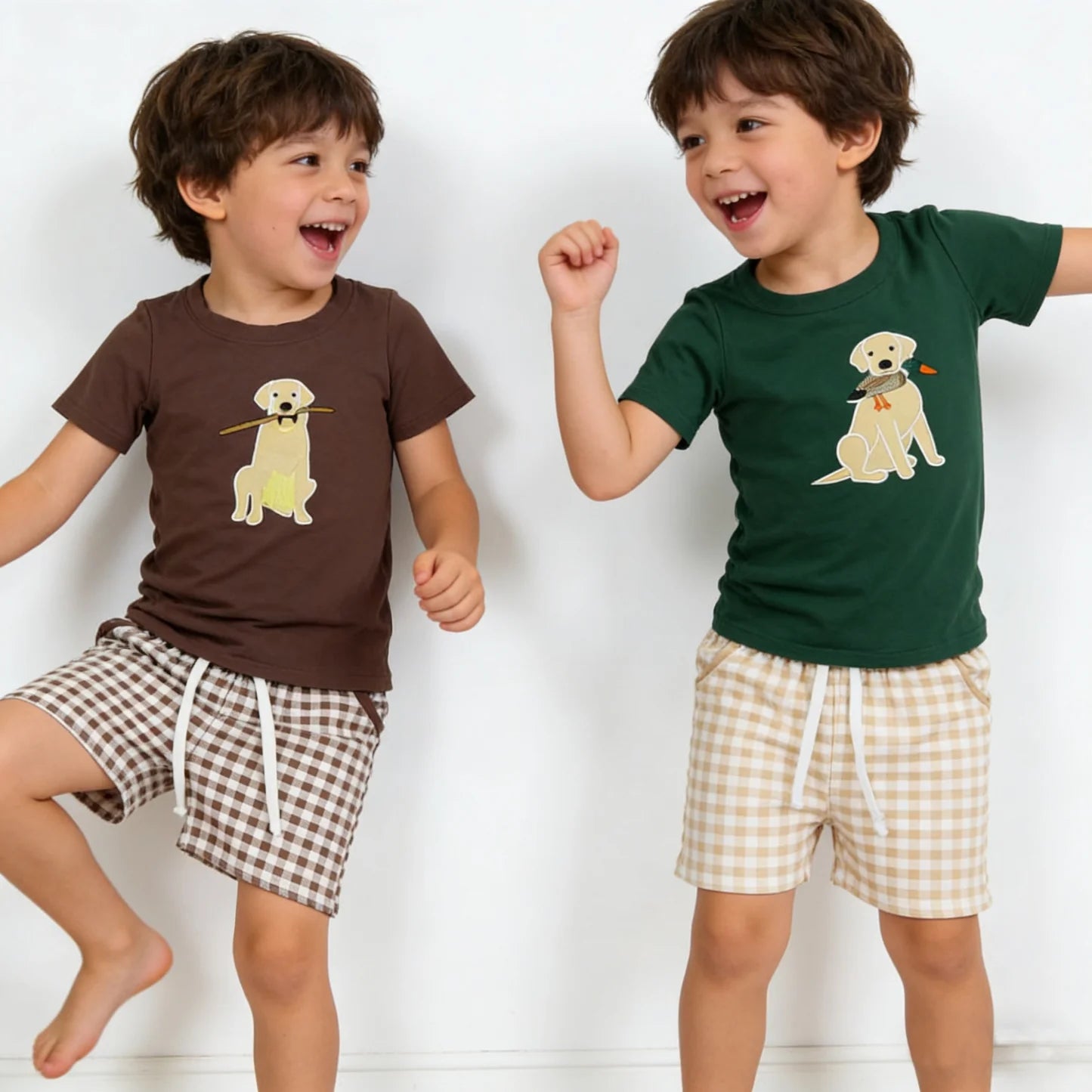Sibling Baby Boys Embroidery Dog Ducks Top Checked Pockets Short Hunting Clothes Sets