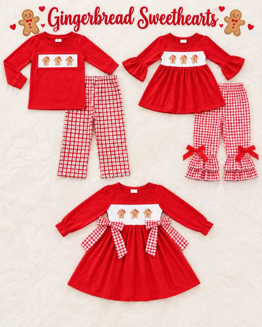 Sibling Baby Girls Boys Embroidery Gingersnap Red Outfit Dress Romper