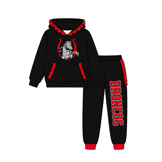 (Custom Design Preorder MOQ 5) Teams Lake Belton Broncos Black Red Ruffles Hoodie Top Pockets Joggers Pants Girls Yoga Clothes Set