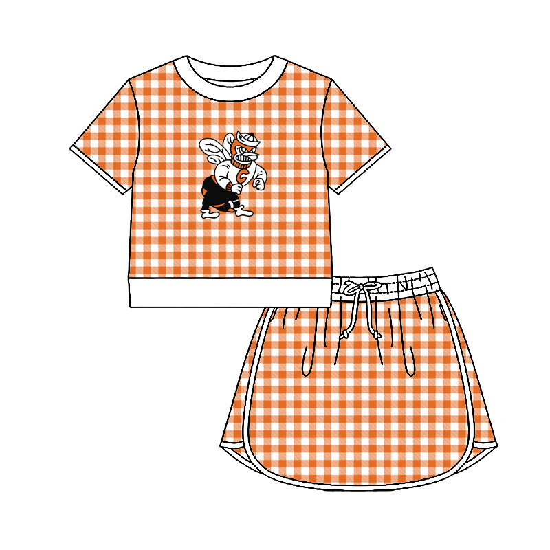 (Custom Design Preorder MOQ 5) Teams Caldwell Hornet Top Orange Checkerd Skort Girls Summer Yoga Clothes Set