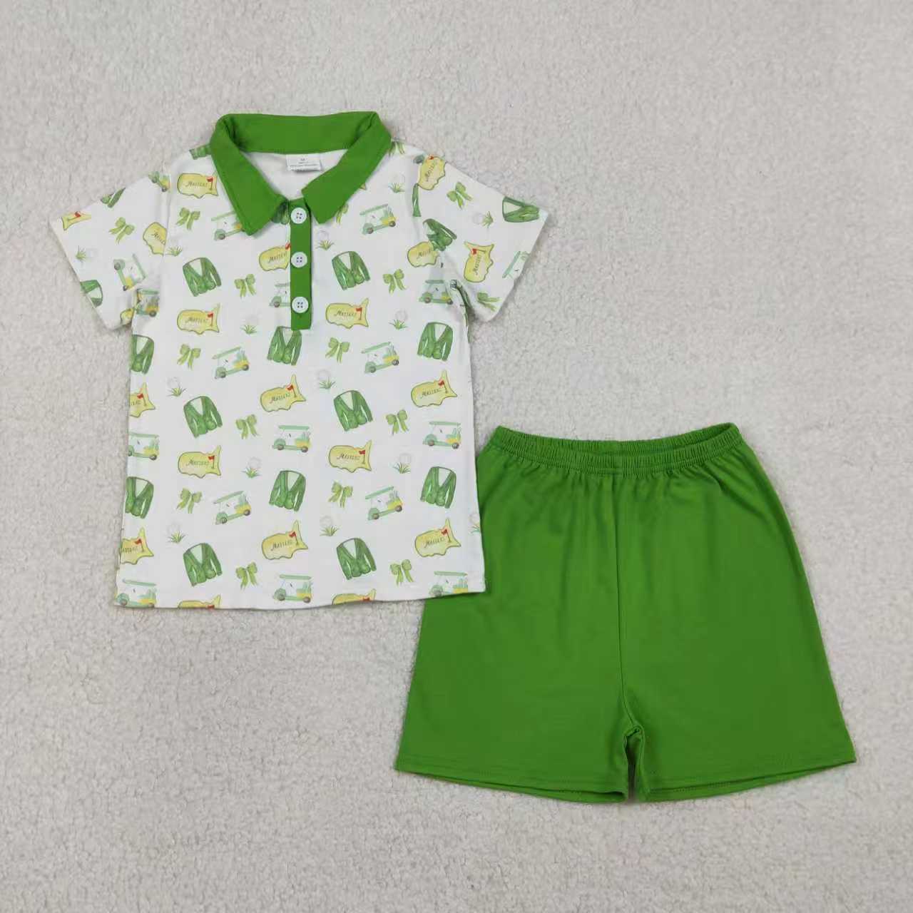 Sibling Baby Boys Girls Green Golf Bows Button Shirt Short Clothes Set Knee Length Dresses