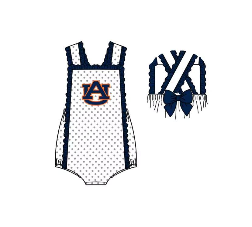 (Custom Design Preorder MOQ 5) Kids Girls Teams Auburn Navy Polka Dot Sleeveless Romper