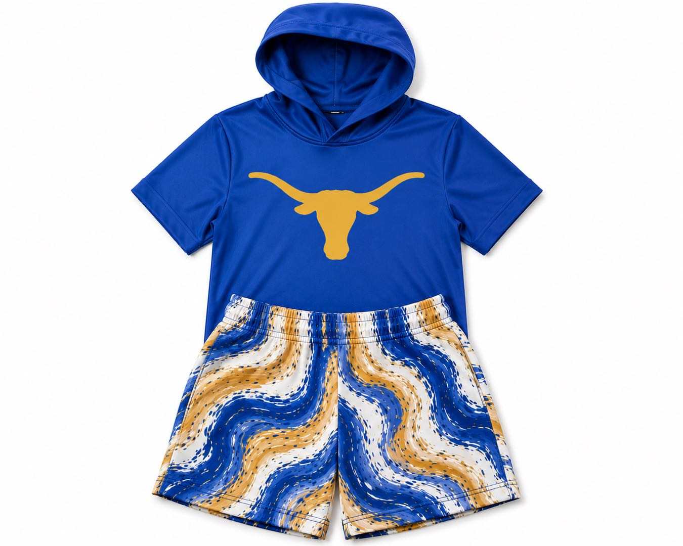 (Custom Design Preorder MOQ 5) Teams Longhorns Blue Hoodie Top Shorts Boys Summer Clothes Set