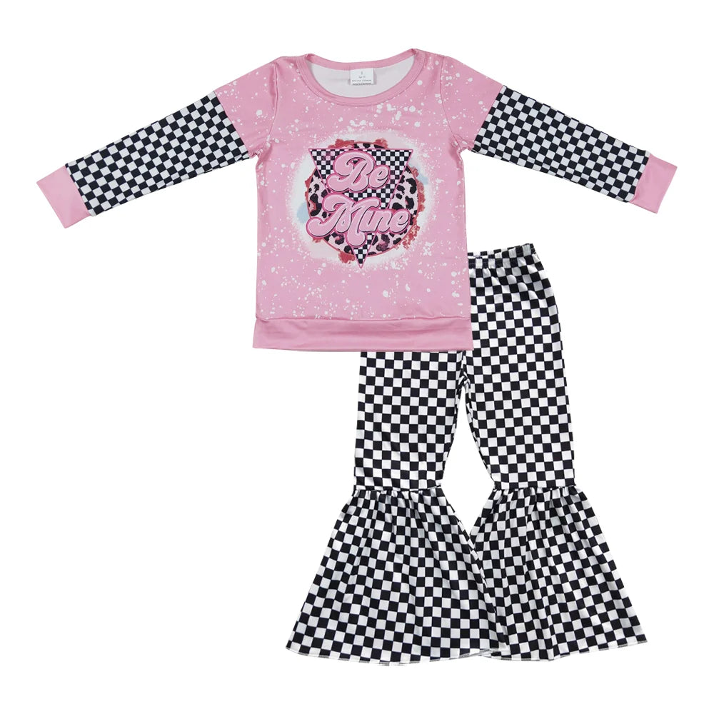 Baby Girls Be Mine Shirts Check Bell Pants Outfit