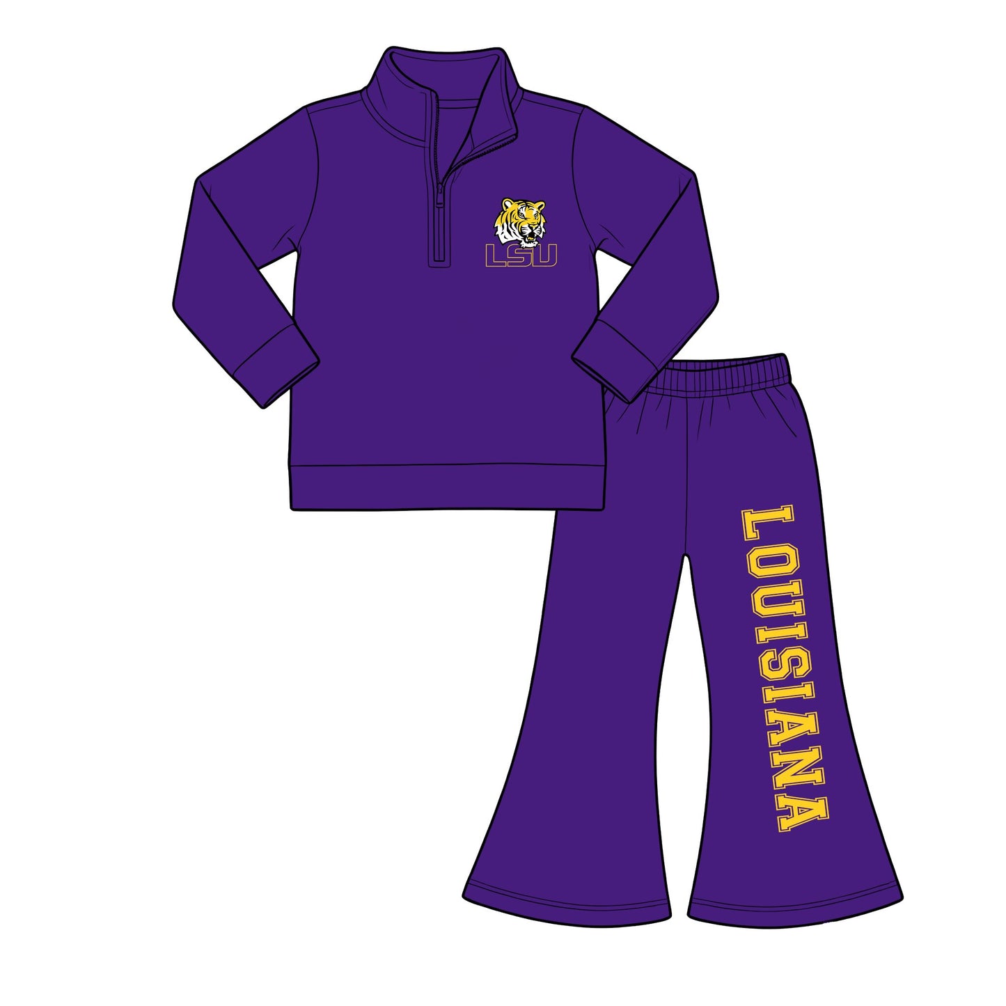 (Custom Design Preorder MOQ 5) Teams LSU Louisiana Purple Zipper Pullover Top Bell Pants Girls Fall Clothes Set