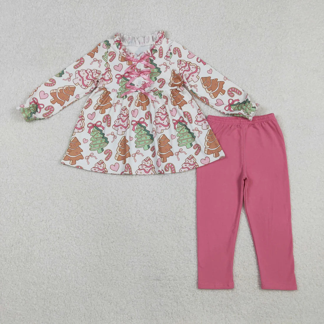 Baby Girls Trees Candy Cane Button Bows Tunic Leggings Christmas Clothes Sets