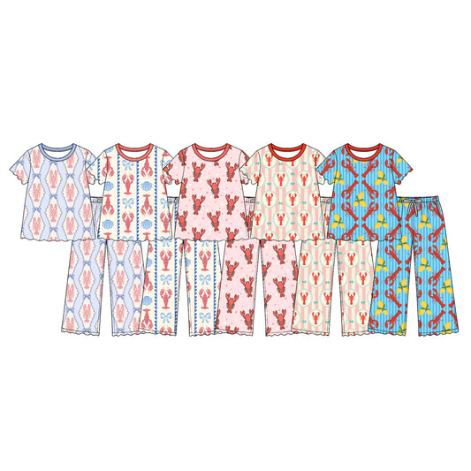 (Custom Design Preorder MOQ 5 Each)Crayfish Bows Print Short Sleeve Top Pants Girls Ruffle Clothes Set Sisters Wear