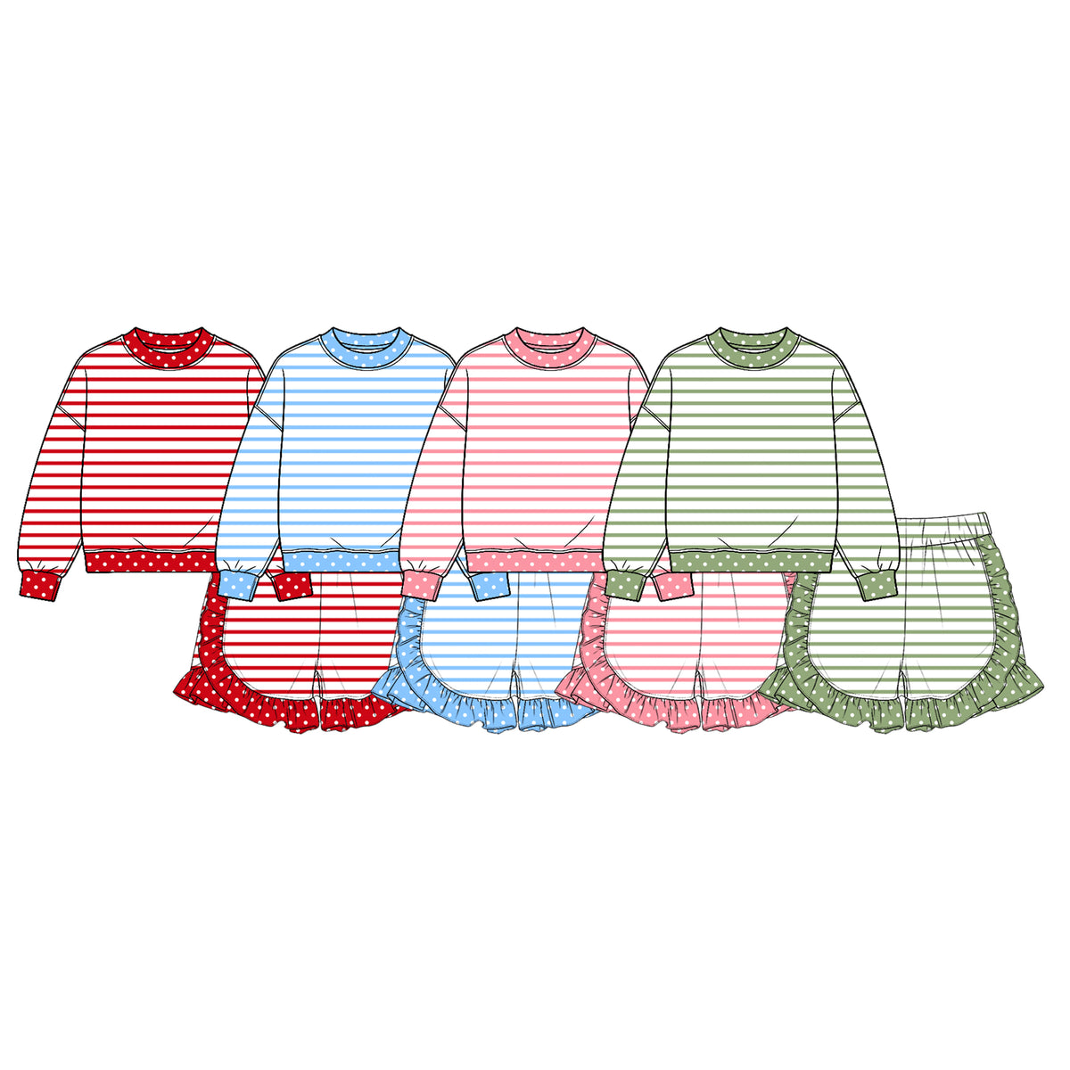 (Custom Design Preorder MOQ 5 Each) Stripes Long Sleeve Top Ruffle Shorts Girls Clothes Set Sisters Wear