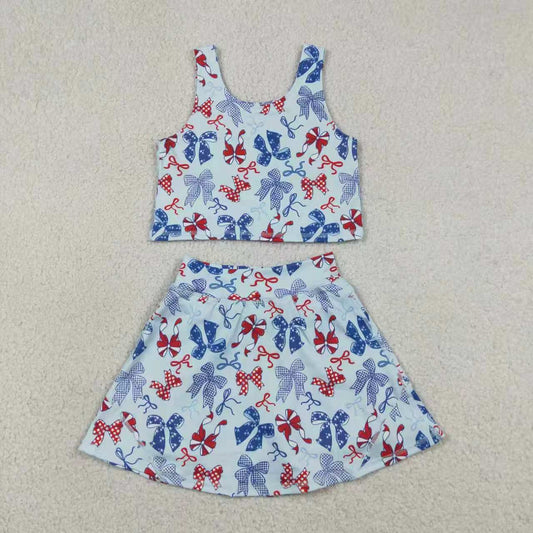 Toddler Girls Sibling July 4th Bow Sleeveless Crop Top & Skort Set Summer Activewear