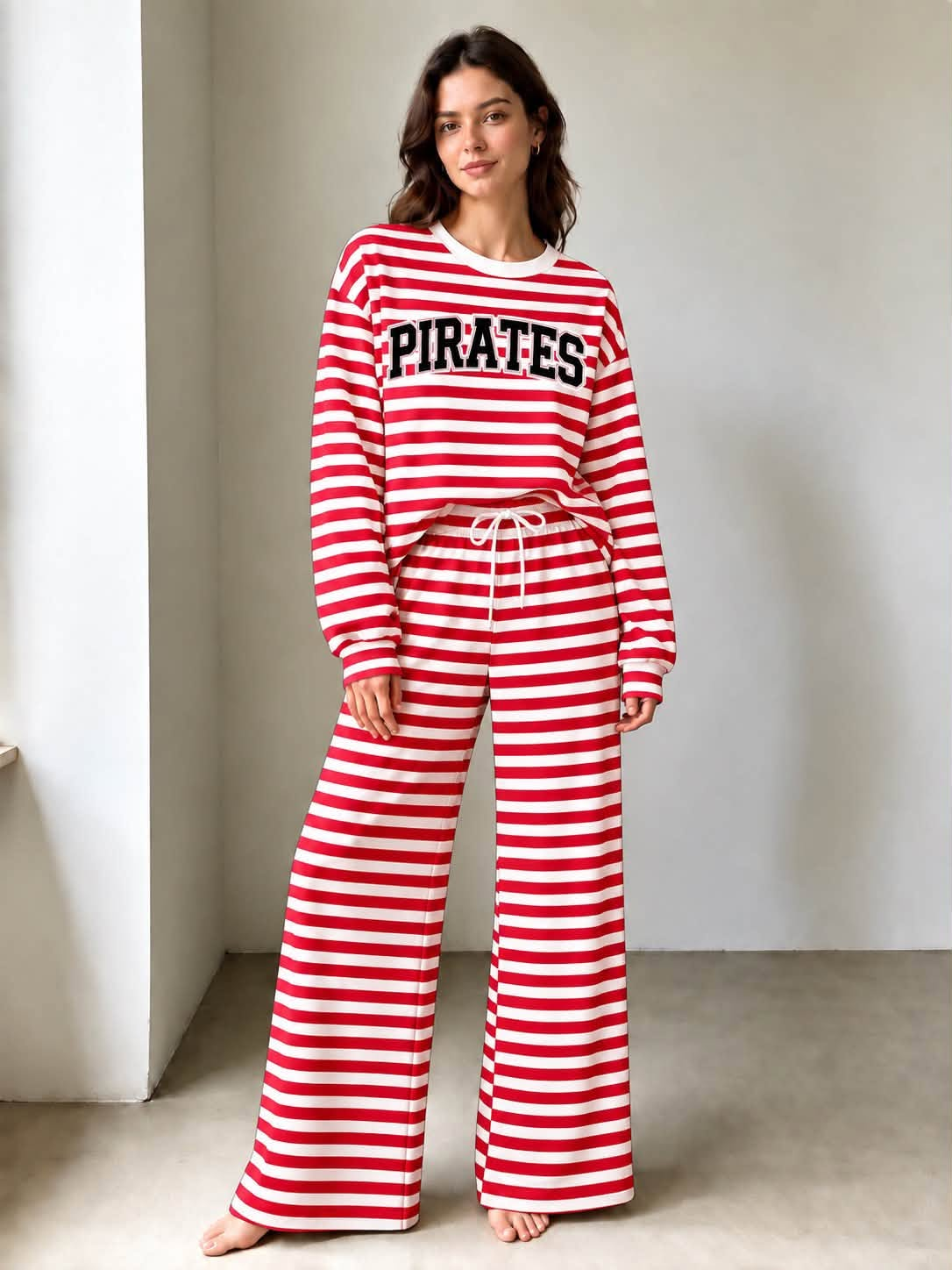(Custom Design Preorder MOQ 5 Each) Adult Pirates Red Striped Long Sleeve Top Logo Pockets Pants Girls & Woman Clothes Set