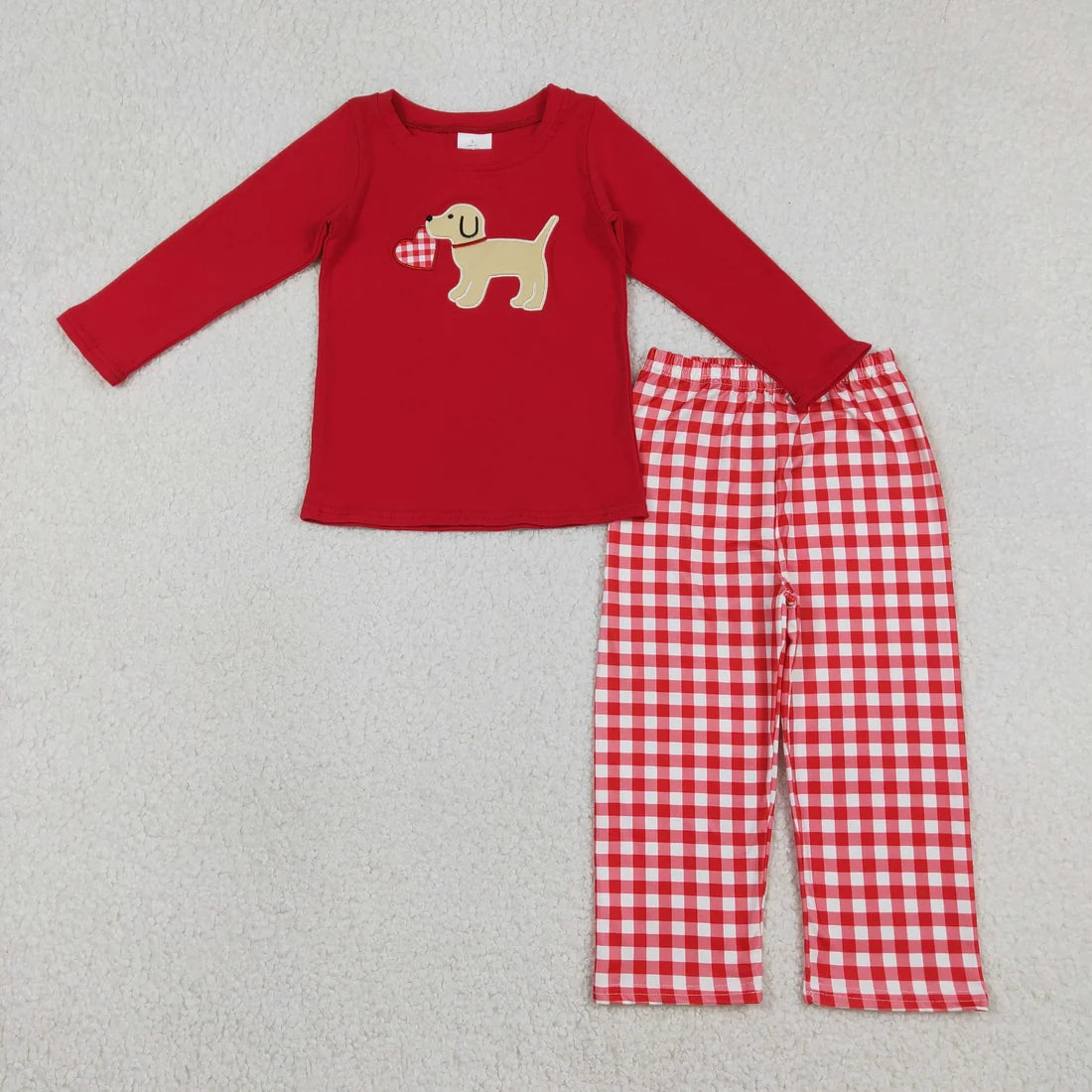 Embroidery Heart Dogs Top Checked Pants Valentine Outfit