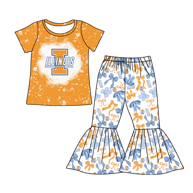 (Custom Design Preorder MOQ 5) Teams ILLINOIS Yellow Top Bows Bell Pants Baby Girls Set