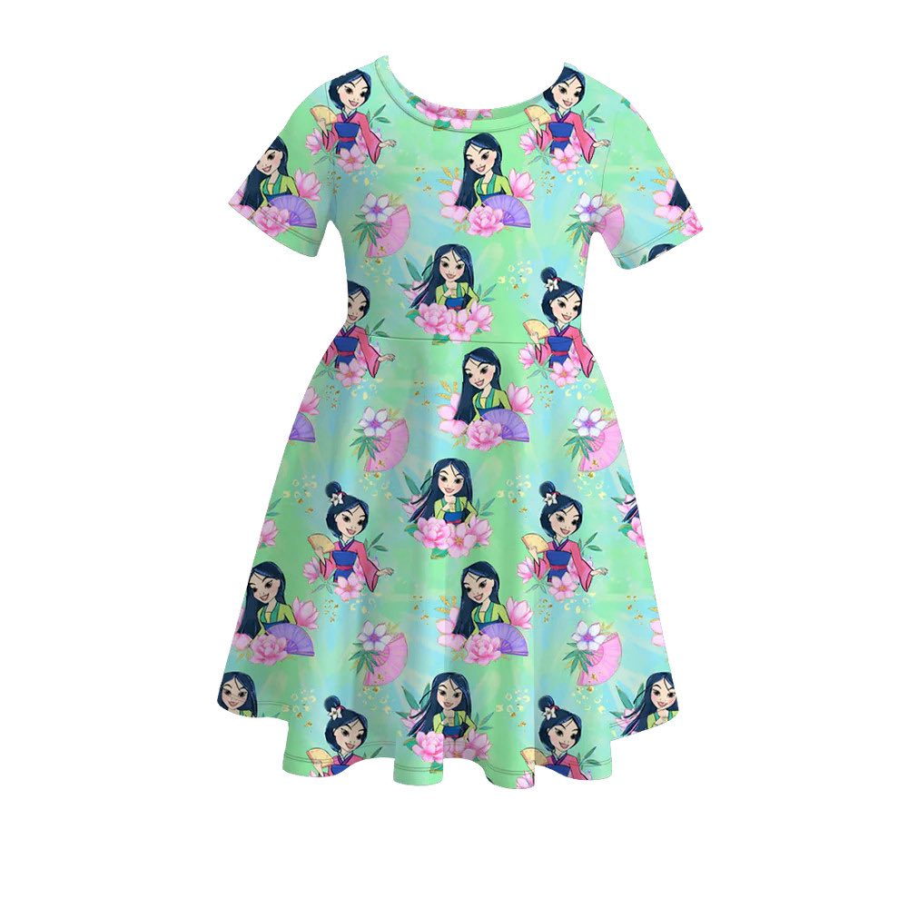 (Custom Design Preorder MOQ 5) Cartoon Princess Flowers Girls Short Sleeve Dress