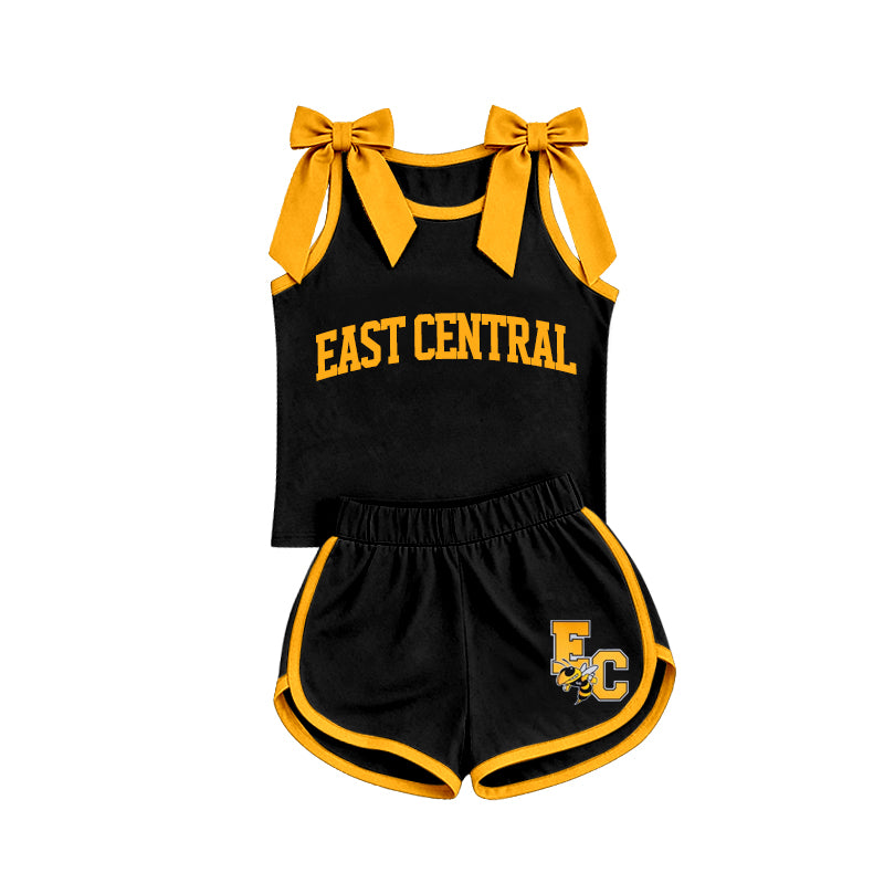 (Custom Design Preorder MOQ 5) Girls Bow Strap East Central Black Tank & Shorts Sport Team Outfit
