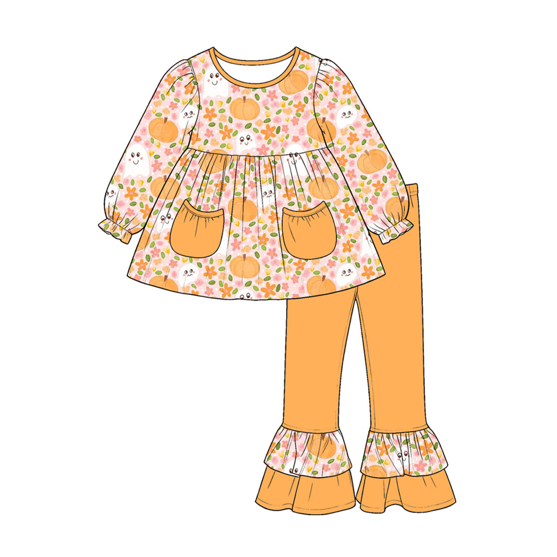 (Custom Design Preorder MOQ 5) Pumpkin Ghost Flowers Pockets Tunic Top Ruffle Pants Girls Halloween Clothes Set