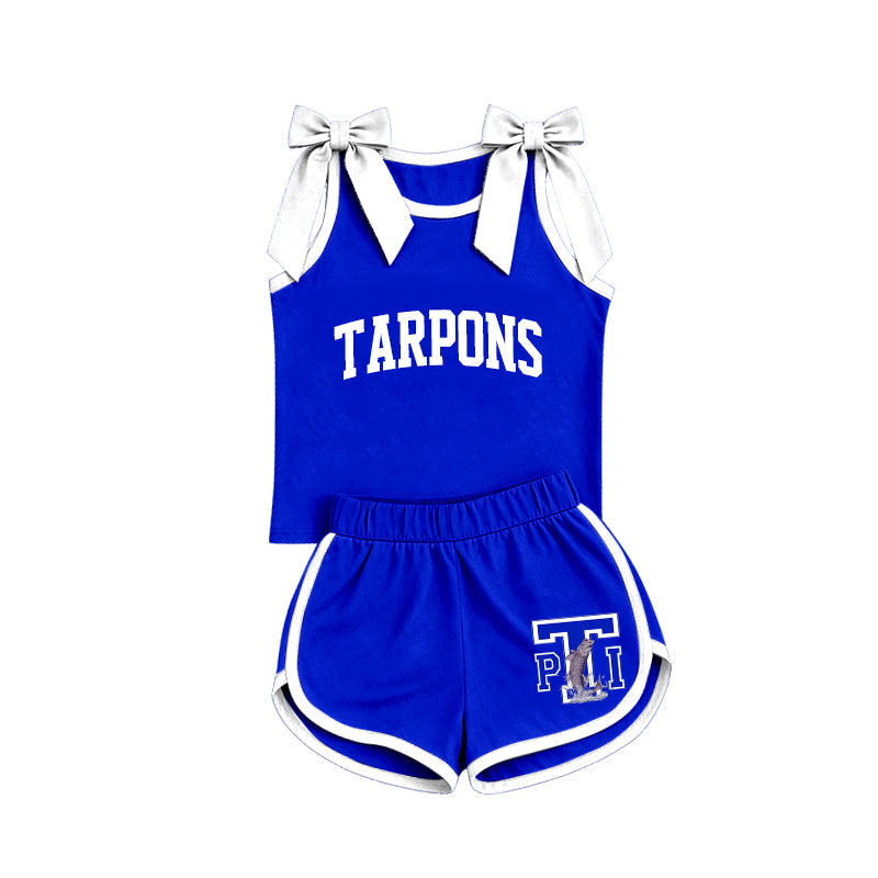 (Custom Design Preorder MOQ 5) Girls Bow Strap Tarpons Blue Tank & Shorts Sport Team Outfit