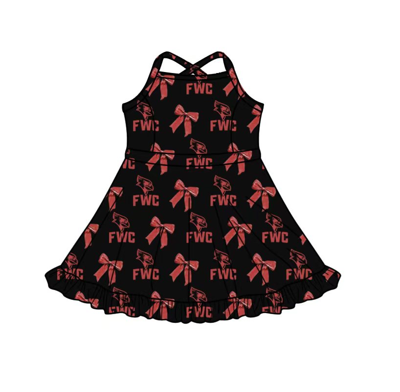(Custom Preorder MOQ 5) Teams FWC Eagle Black Print Girls Strap Ruffle Knee Length Yoga Dress