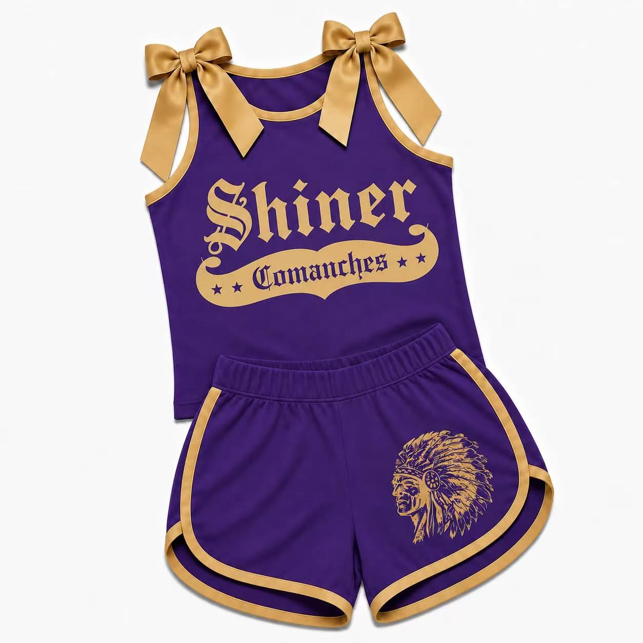(Custom Design Preorder MOQ 5) Girls Shiner Comanches Bow Strap Tank & Gold Trim Shorts Sport Team Outfit