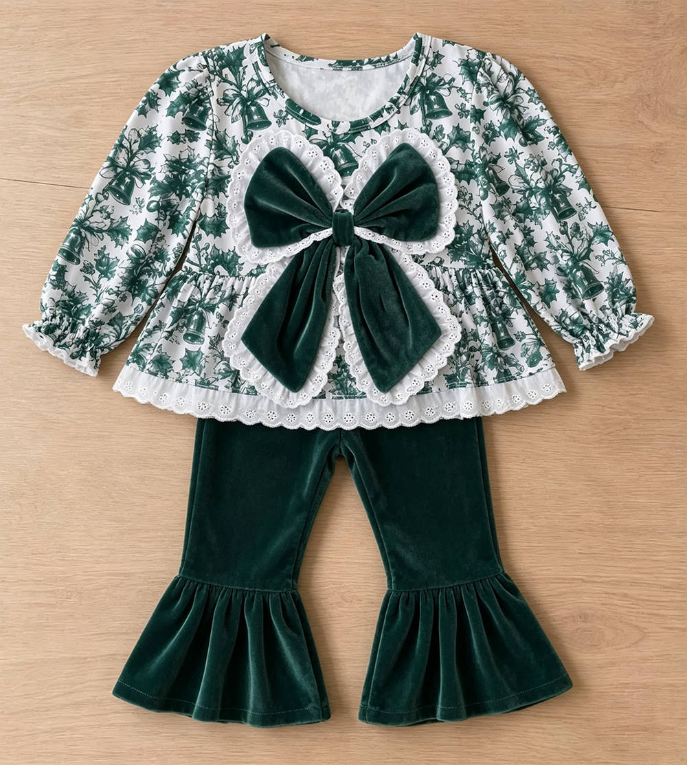 (Custom Design Preorder MOQ 5) Holly Green Print Velvet Big Bow Top Bell Pants Girls Christmas Clothes Set