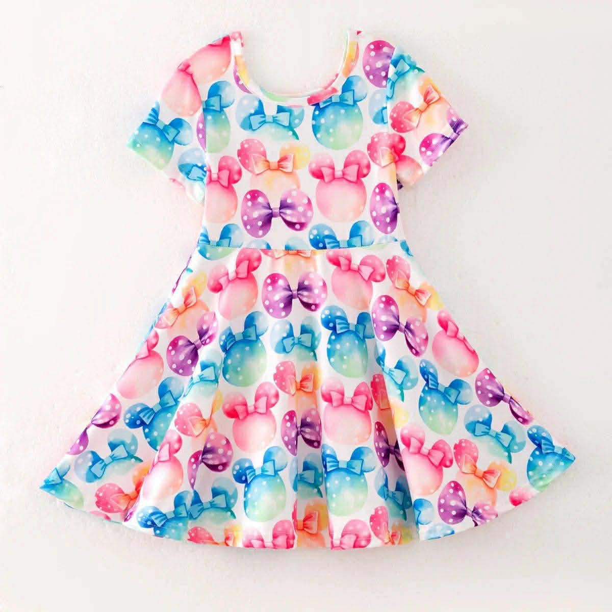 (Custom Design Preorder MOQ 5) Cartoon Mouse Tie-dye Print Girls Summer Dress