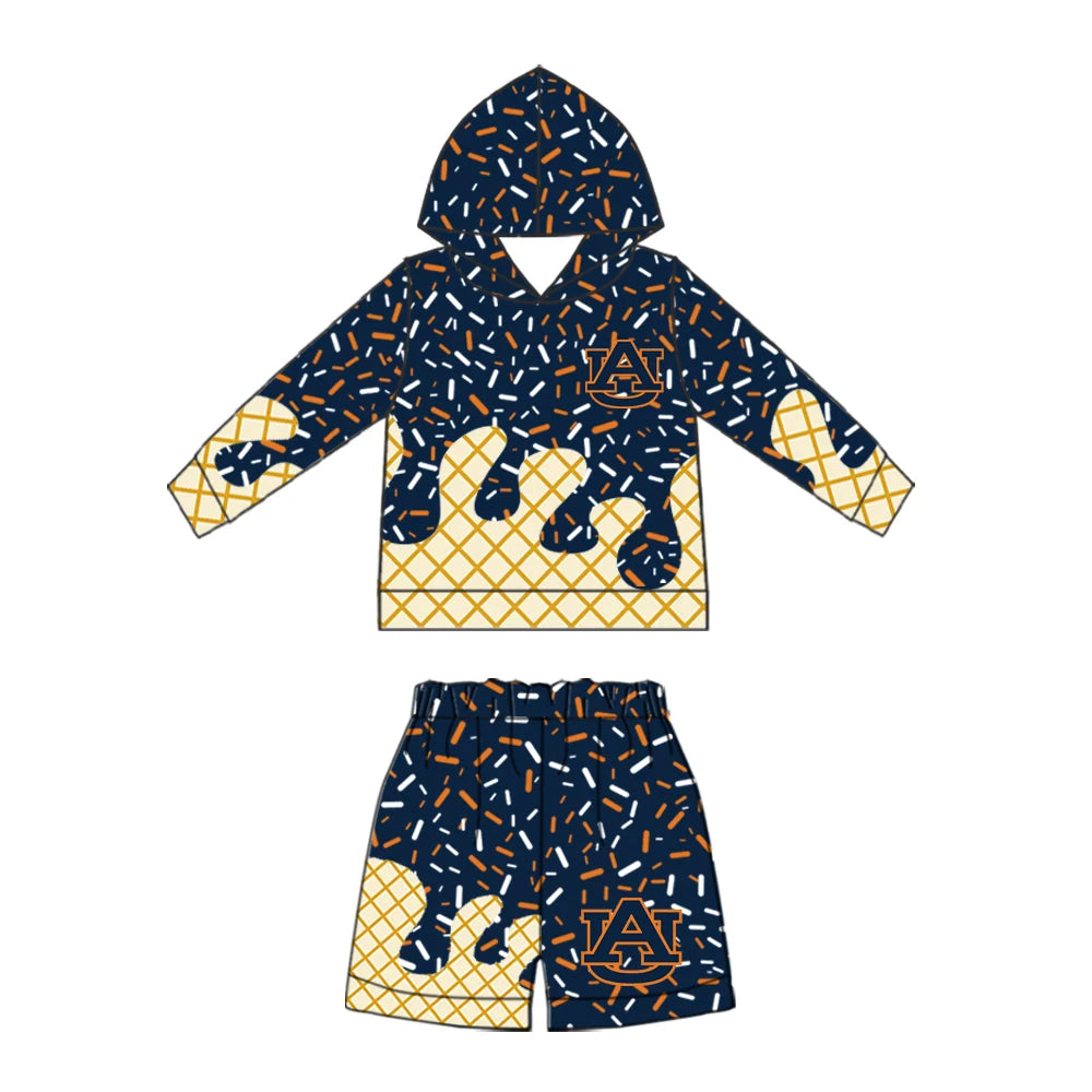 (Custom Design Preorder MOQ 5) Baby Boys Sprinkles Auburn Hoodie Short Team Clothes Sets