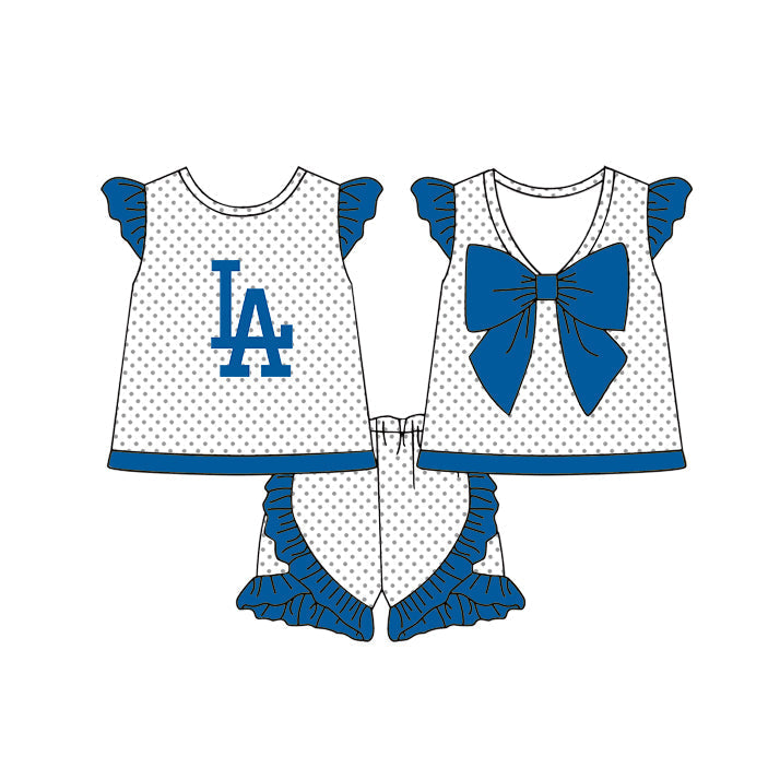 Preorder (moq 5)Baby Girls Los Angeles Polka Dots Back Bow Tunic Ruffle Shorts Team Clothes Sets