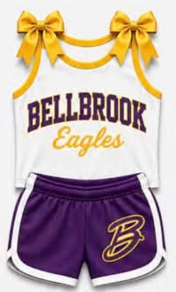 (Custom Design Preorder MOQ 5) Girls Bellbrook Yellow Bow Strap Tank & Purple Shorts Sport Team Outfit