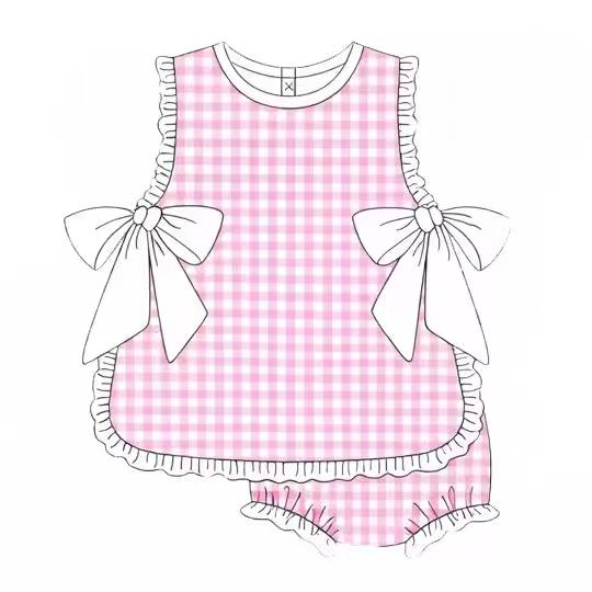(Custom Design Preorder MOQ 5) Pink Plaid Sleeveless Top Shorts Girls Summer Bummie Set