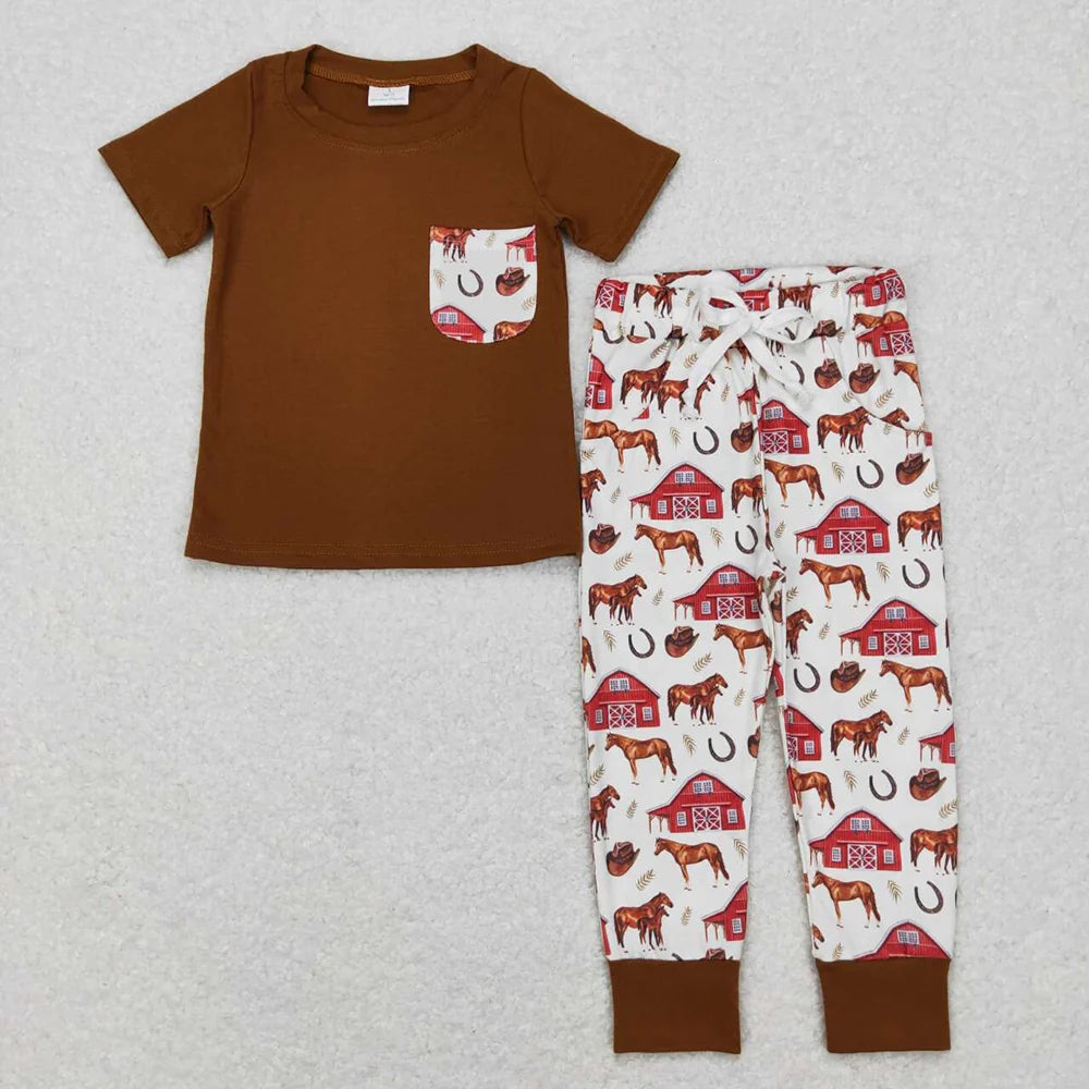 BSPO0207 Baby Boys Farm Horse Pocket Shirt Pants Outfit