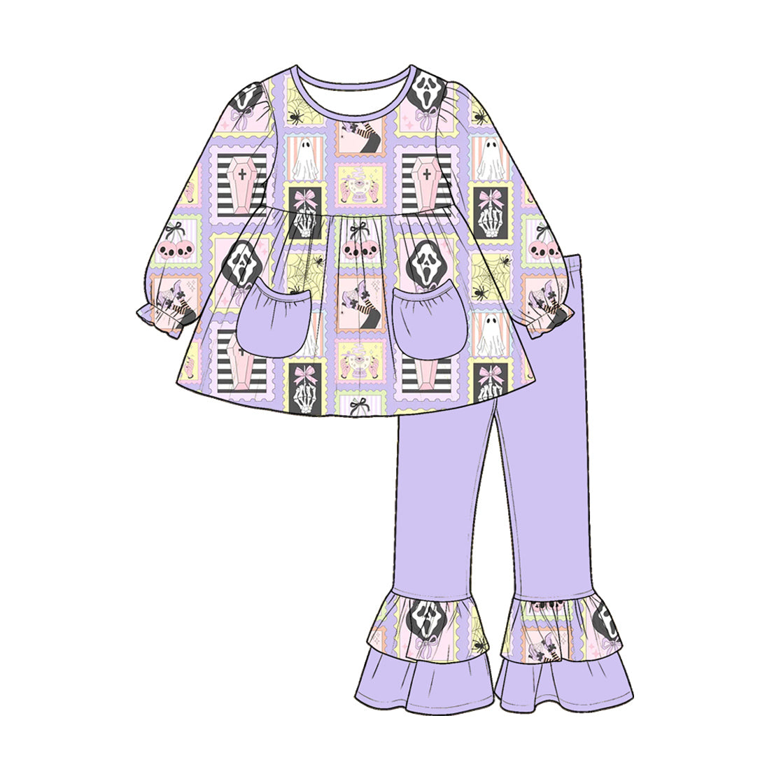 (Custom Design Preorder MOQ 5) Ghost Pockets Tunic Top Purple Ruffle Pants Girls Halloween Clothes Set