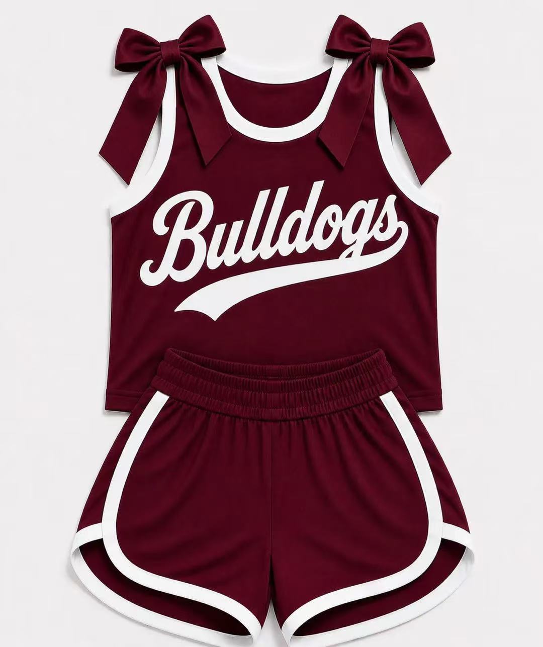 (Custom Design Preorder MOQ 5) Girls Maroon Bow Strap Bulldogs Tank & Shorts Sport Team Outfit
