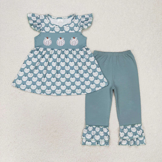 Baby Girls Green Flutter Sleeve Pumpkins Sibling Clothes Sets