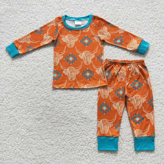 Toddler Boys Western Aztec Highland Cow Long Sleeve Pajama Set