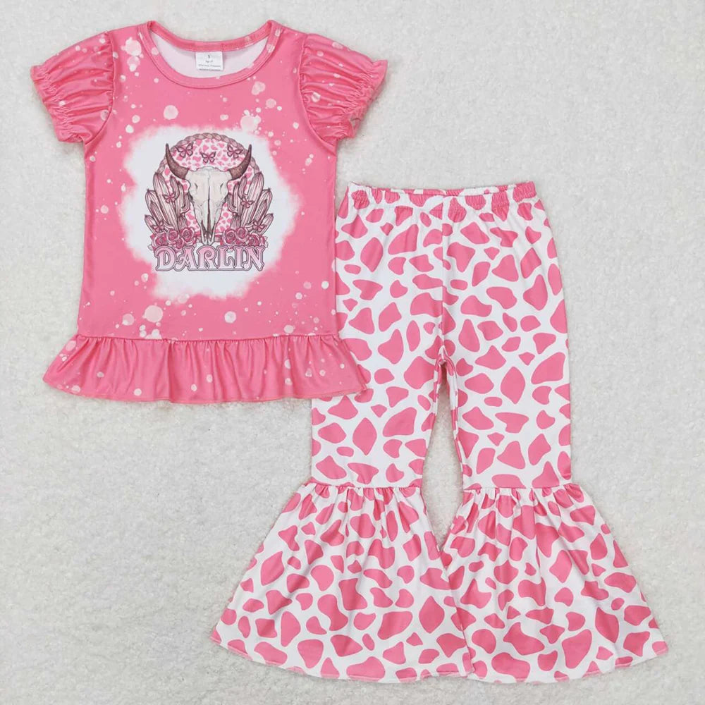 GSPO1052 Baby Girls Western Darling Cow Pink Short Sleeve Top With Bell Bottom Pants Outfit